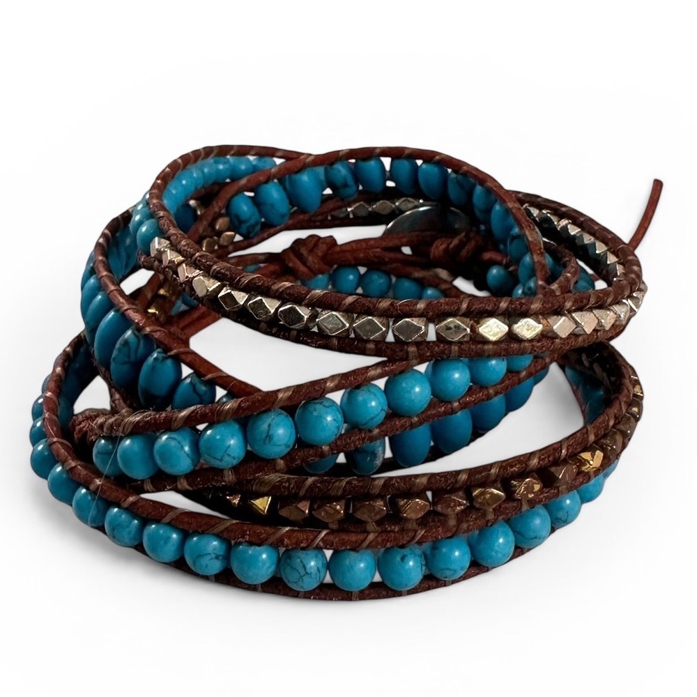 Unbranded Turquoise Leather Wrap Bracelet Womens OS Blue Excellent Boho Studded